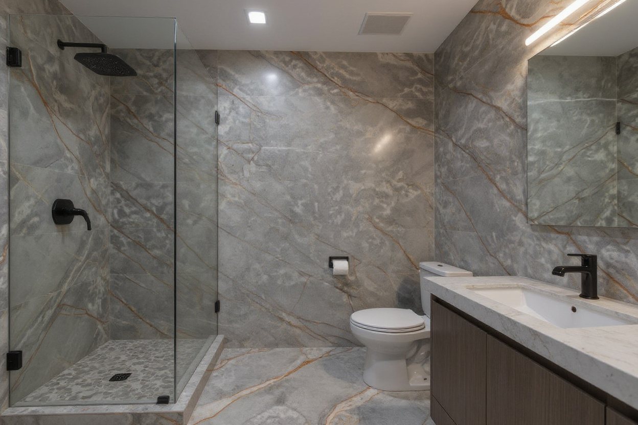 Deep River Marble bathroom shower walls and vanity