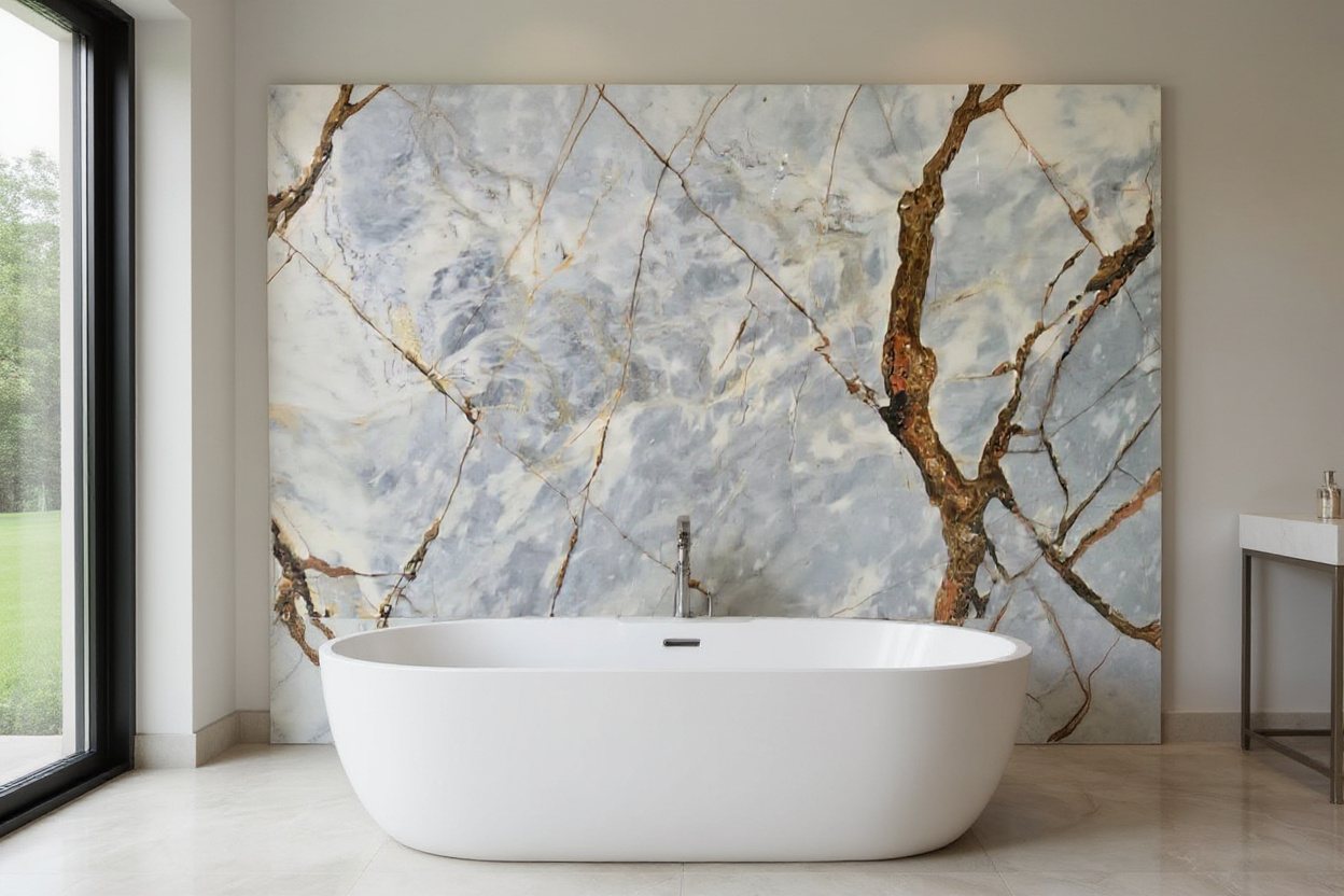 Glacier Fire Marble bookmatched bathroom wall